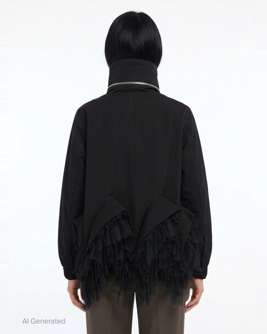Noir Kei Ninomiya black oversized long sleeve jacket with high drawstring neck, silver zip closures, angled chest zip pockets, and layered black tulle ruffle hem, displayed flat on a white background - back