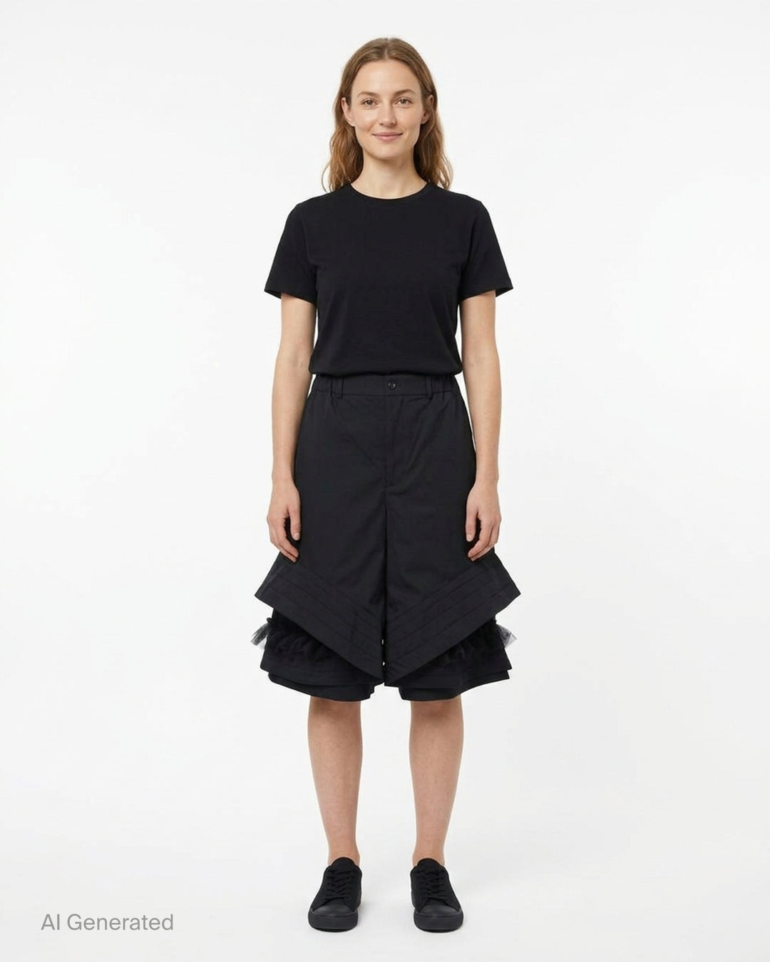 Noir Kei Ninomiya black wool tropical shorts with a stitched flared hem and layered black nylon tulle ruffles - front