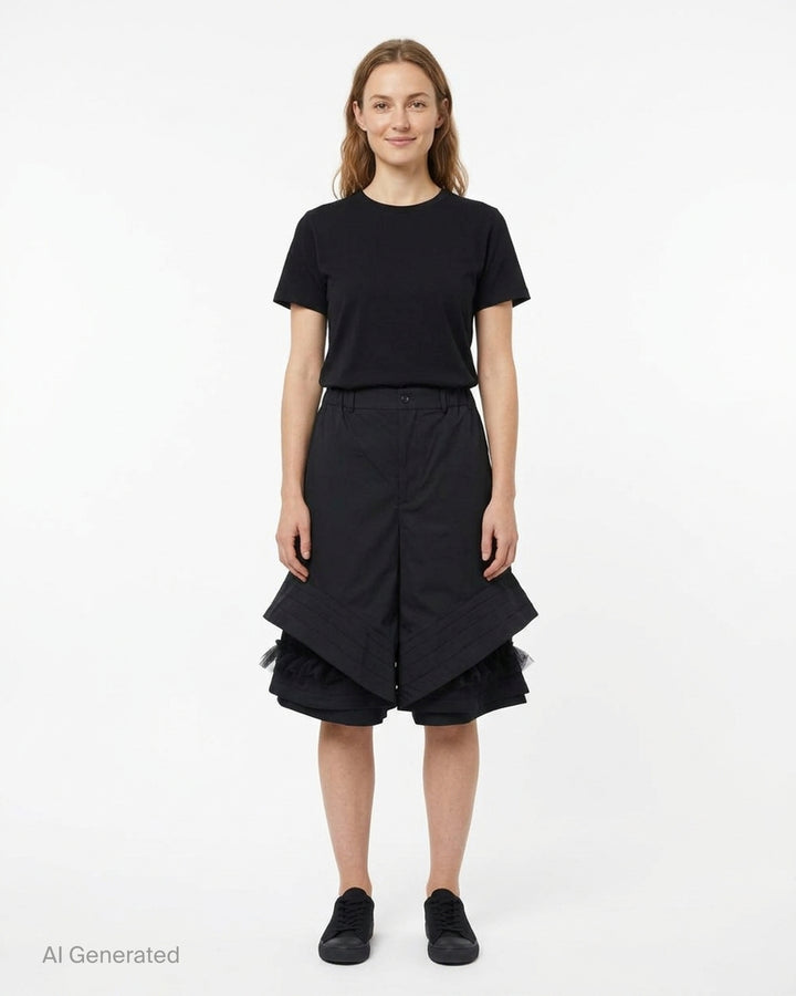 Noir Kei Ninomiya black wool tropical shorts with a stitched flared hem and layered black nylon tulle ruffles - front