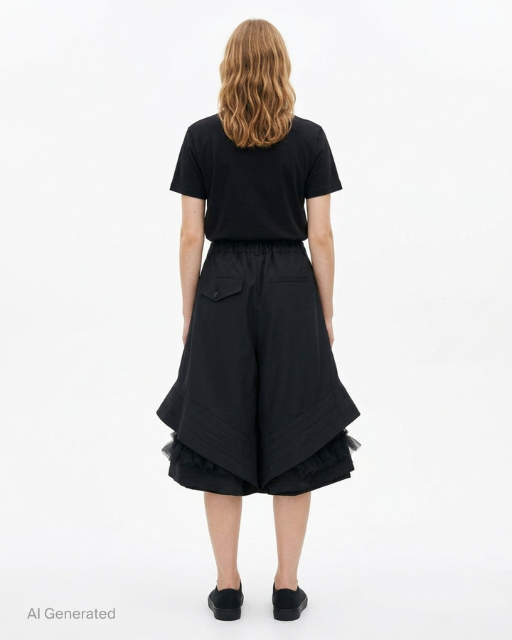 Noir Kei Ninomiya black wool tropical shorts with a stitched flared hem and layered black nylon tulle ruffles - back