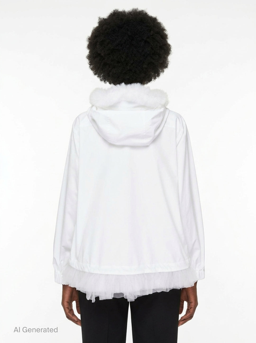 Noir Kei Ninomiya black long-sleeve hooded blouson with ruffled black tulle trim at the hood, cuffs, and hem, full-length zip closure and slanted side pockets - back