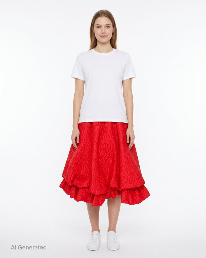 Noir Kei Ninomiya red quilted flare skirt with elasticated waist and voluminous double ruffle hem - front