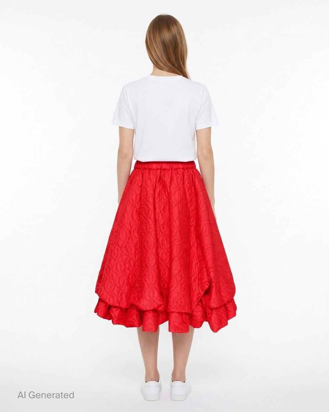 Noir Kei Ninomiya red quilted flare skirt with elasticated waist and voluminous double ruffle hem - back