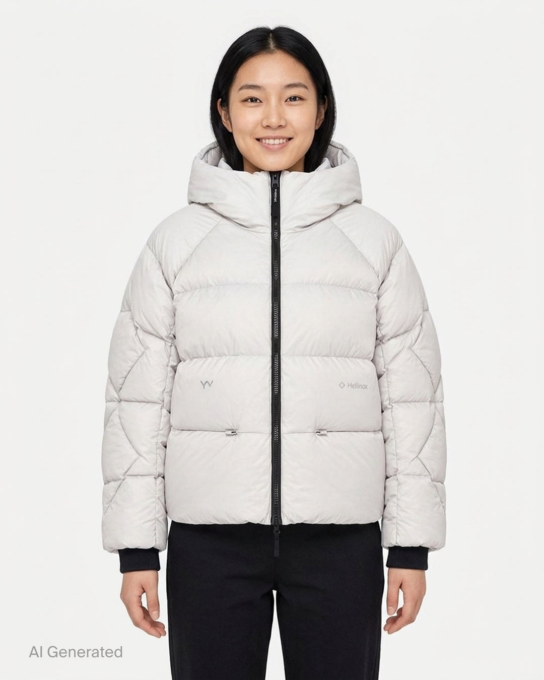 Open YY x Helinox Eclipse Heavy hooded puffer jacket in slate grey with star-quilted sleeves, two-way front zip and hem toggles - front
