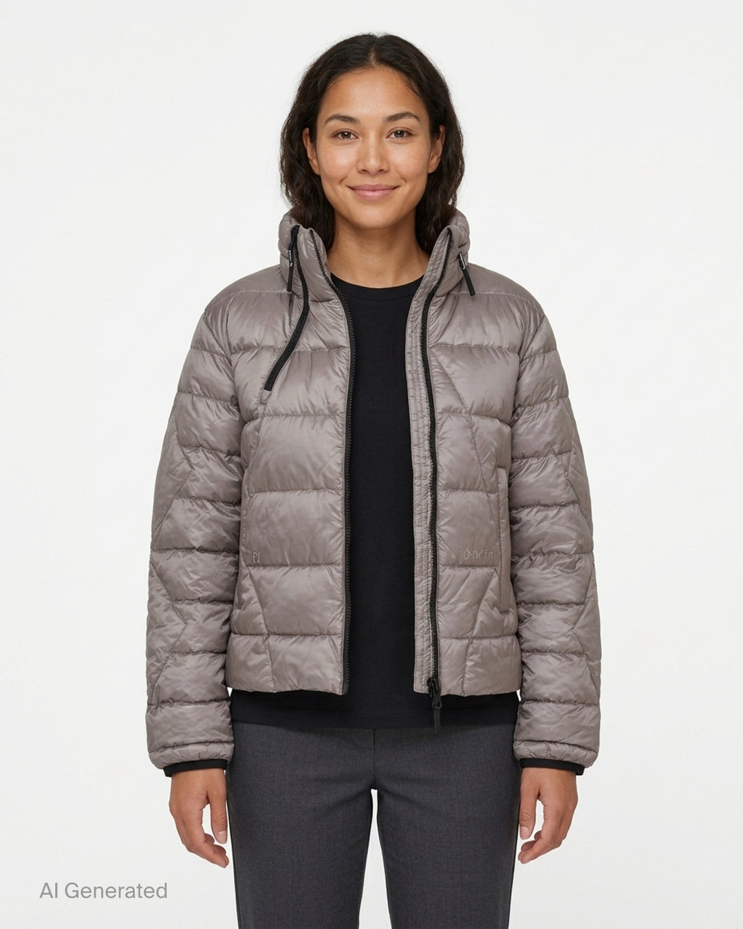 Open YY x Helinox Eclipse Light puffer jacket in metallic taupe with geometric quilting, asymmetric black double zip and padded stand collar - front