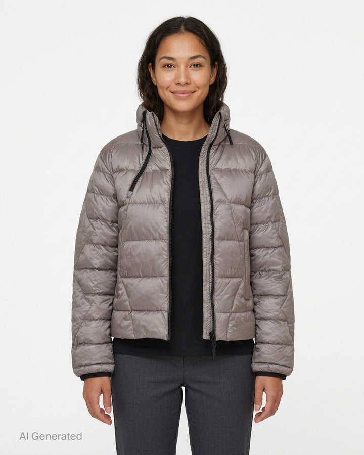Open YY x Helinox Eclipse Light puffer jacket in metallic taupe with geometric quilting, asymmetric black double zip and padded stand collar - front
