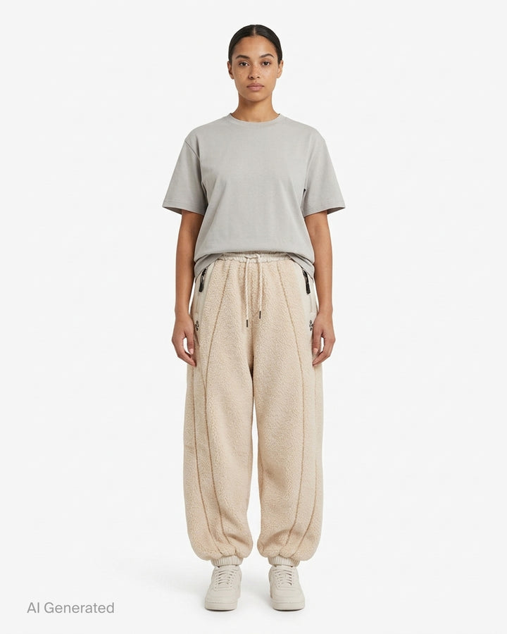 Open YY x Helinox dark brown sherpa fleece pants with black nylon side panels, drawstring waist and stud details - front
