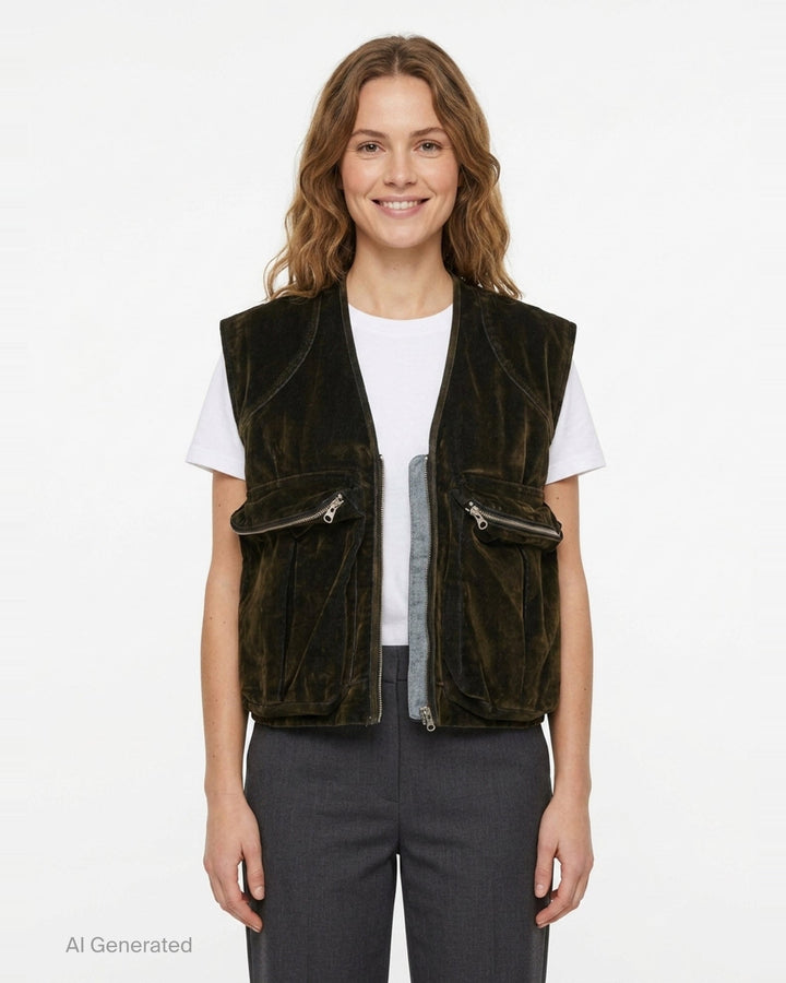 Velvet Denim Cargo Vest | Open YY | Club21 - front
