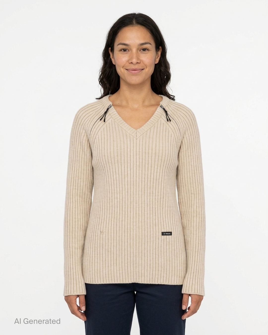 OPEN YY x Helinox beige ribbed knit sweater with V-neckline, shoulder zip slits and black Helinox label, front view - front