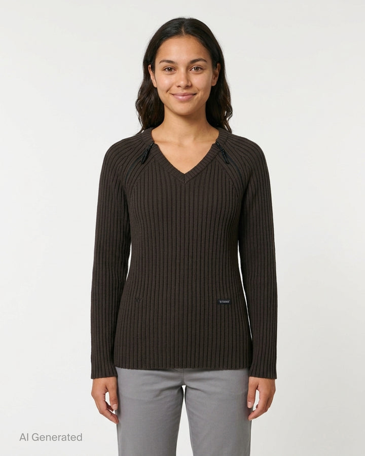 OPEN YY x Helinox beige ribbed knit sweater with V-neckline, shoulder zip slits and black Helinox label, front view - front
