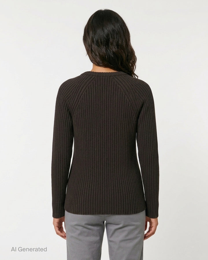 OPEN YY x Helinox beige ribbed knit sweater with V-neckline, shoulder zip slits and black Helinox label, front view - back