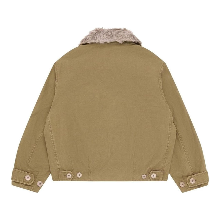 Our Legacy Aerial blouson jacket in olive-khaki cotton with a detachable plush collar, button front and flap pockets - packshot