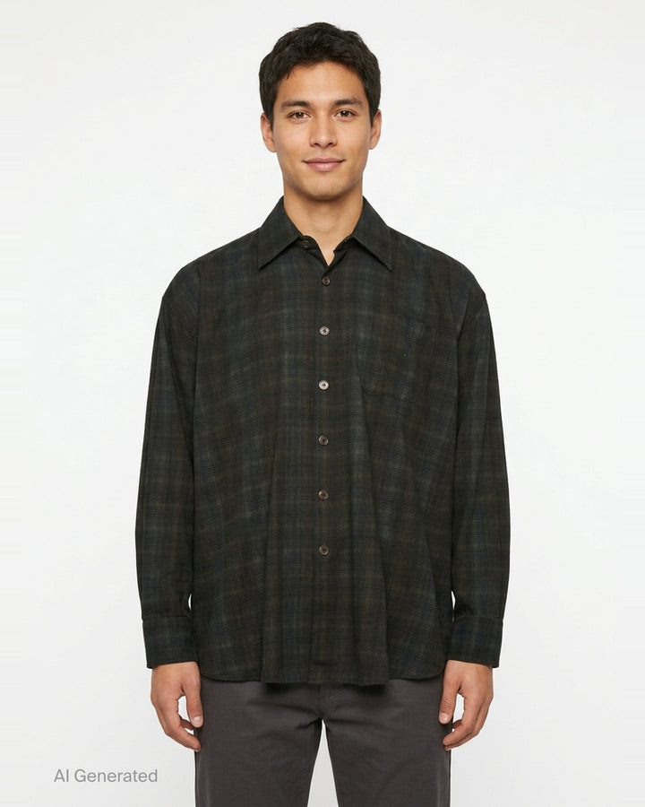 Our Legacy Borrowed Long Sleeve Shirt in dark shadow plaid check with button-front placket, point collar, and chest patch pocket - front