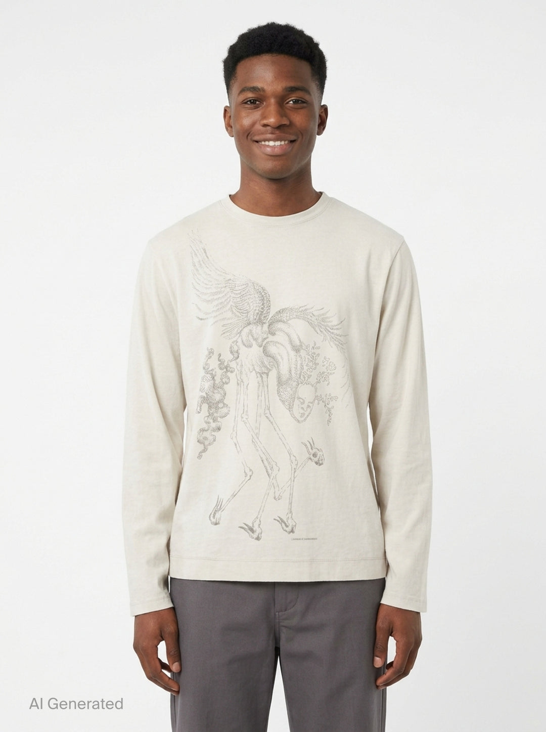Our Legacy Box Long Sleeve Tee in ivory with a large stipple-illustrated skeletal winged horse graphic across the chest, relaxed box fit with crew neck - front