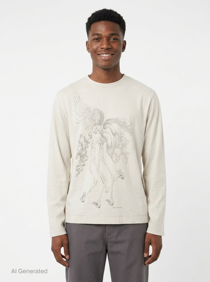 Our Legacy Box Long Sleeve Tee in ivory with a large stipple-illustrated skeletal winged horse graphic across the chest, relaxed box fit with crew neck - front