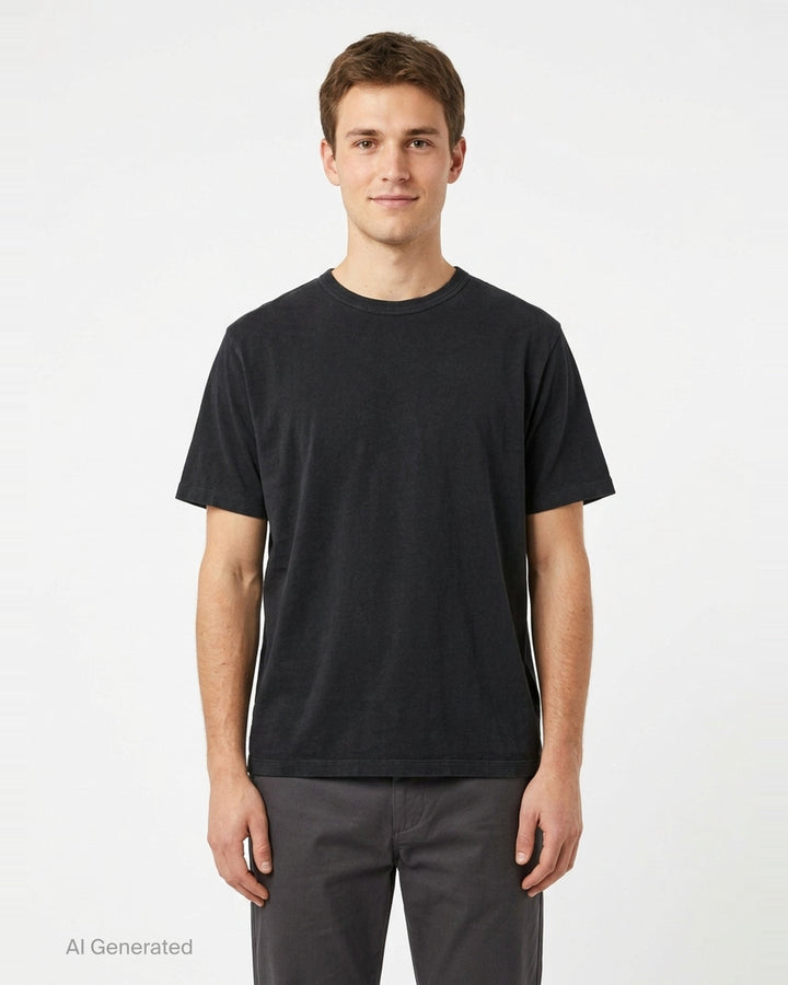 Our Legacy Box Short Sleeve Tee in washed navy with contrast red shoulder tape and woven brand label at the back neck, displayed front-facing on a white background - front