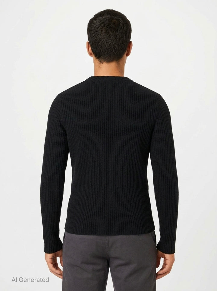 Our Legacy Compact Round Neck ribbed knit sweater in black with mock neck collar and long sleeves, front view on white background - back