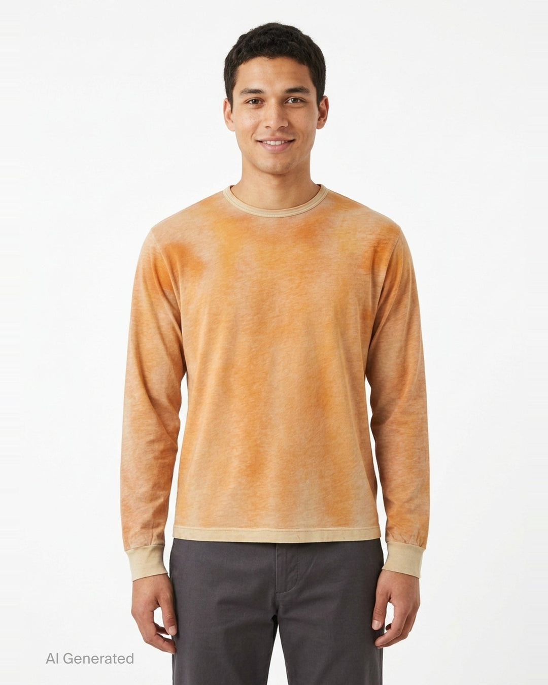 Our Legacy Cruise Long Sleeve Tee in an all-over orange and sand tie-dye wash, featuring a crew neck and contrast ribbed cuffs and hem, photographed flat on a white background - front