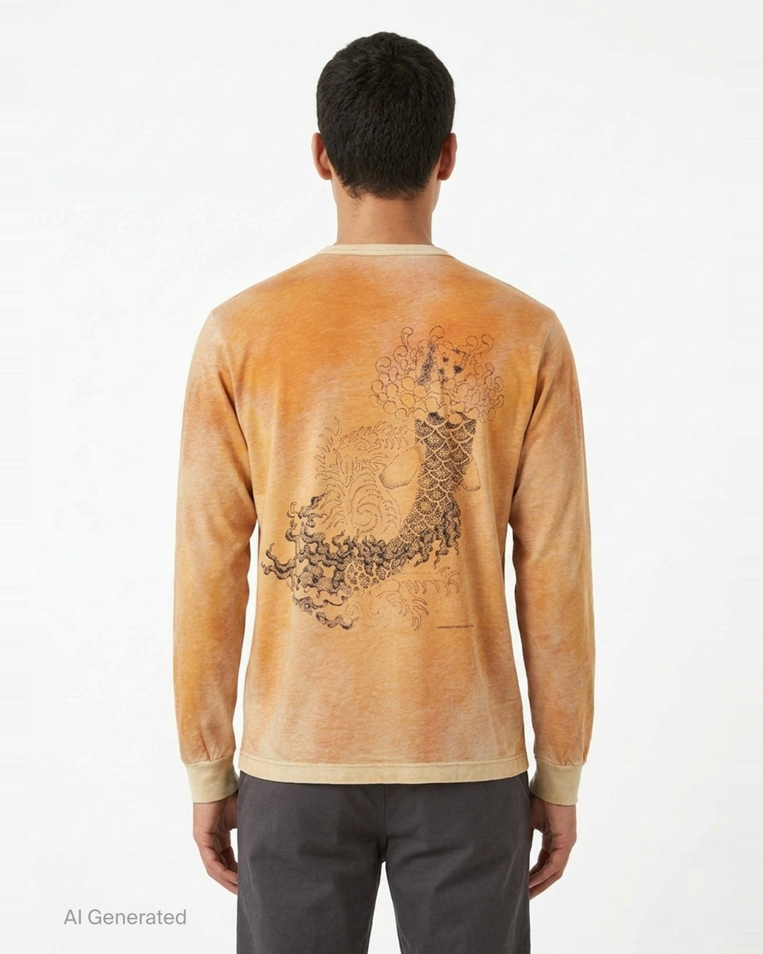 Our Legacy Cruise Long Sleeve Tee in an all-over orange and sand tie-dye wash, featuring a crew neck and contrast ribbed cuffs and hem, photographed flat on a white background - back
