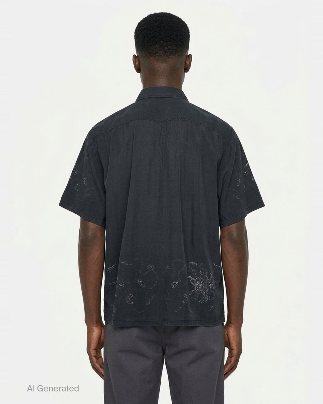 Our Legacy Every Short Sleeve Shirt in washed black with tonal floral embroidery on both sleeves and lower hem, featuring a boxy fit and pearlescent button fastening - back