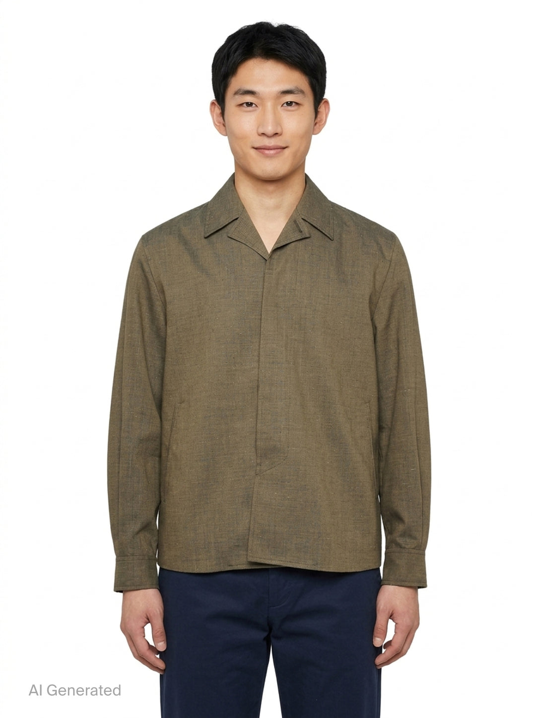 Our Legacy Pack Blazer in olive melange fabric with open camp collar, concealed front closure, and hip patch pocket — front view - front