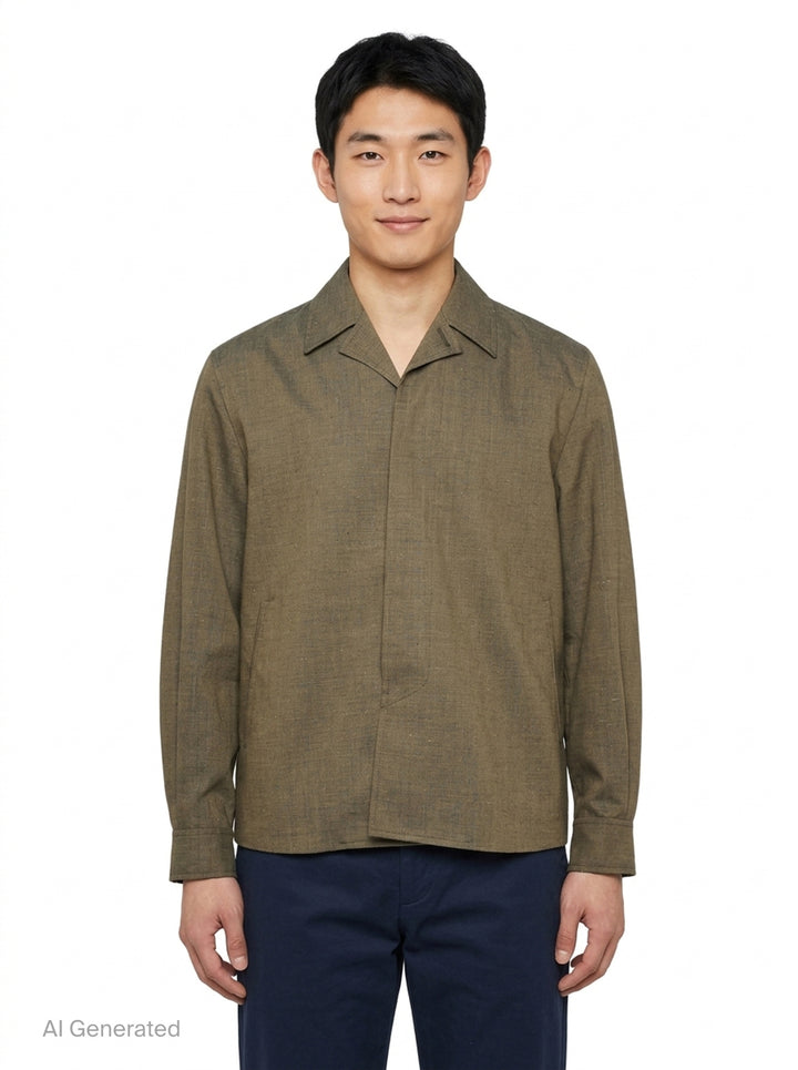 Our Legacy Pack Blazer in olive melange fabric with open camp collar, concealed front closure, and hip patch pocket — front view - front