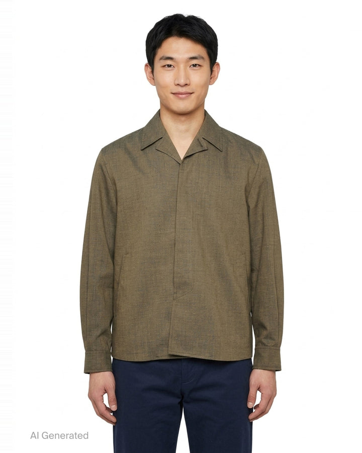 Our Legacy Pack Blazer in olive melange fabric with open camp collar, concealed front closure, and hip patch pocket — front view - front