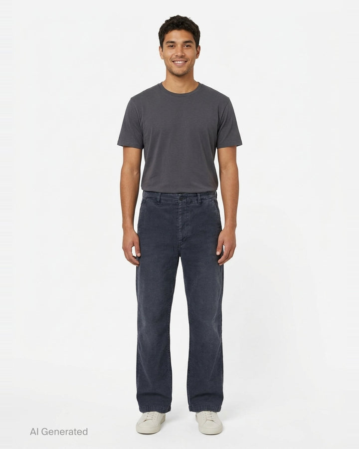 Our Legacy Rig Chino Pants in washed navy fine-wale corduroy, shown flat with a wide-leg silhouette and button fly closure - front