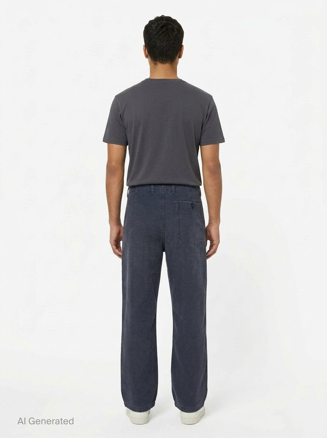 Our Legacy Rig Chino Pants in washed navy fine-wale corduroy, shown flat with a wide-leg silhouette and button fly closure - back