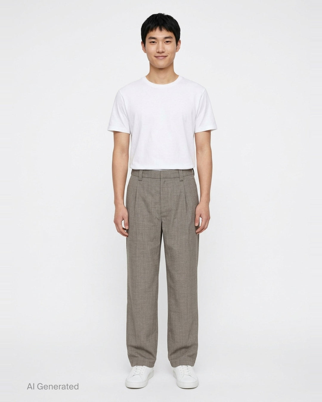 Our Legacy Still Chino Pants in heathered grey — wide-leg tailored trousers with double pleats and turn-up cuffs, front view on white background - front