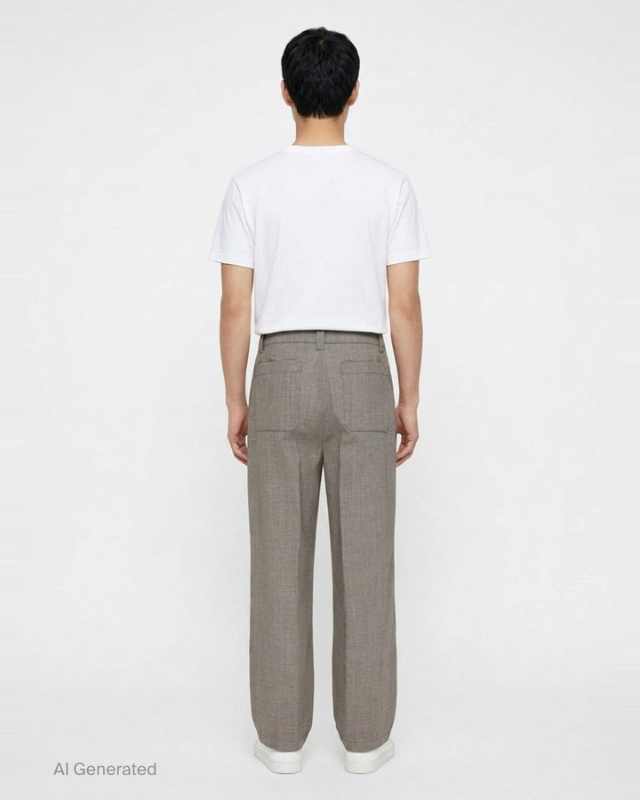 Our Legacy Still Chino Pants in heathered grey — wide-leg tailored trousers with double pleats and turn-up cuffs, front view on white background - back