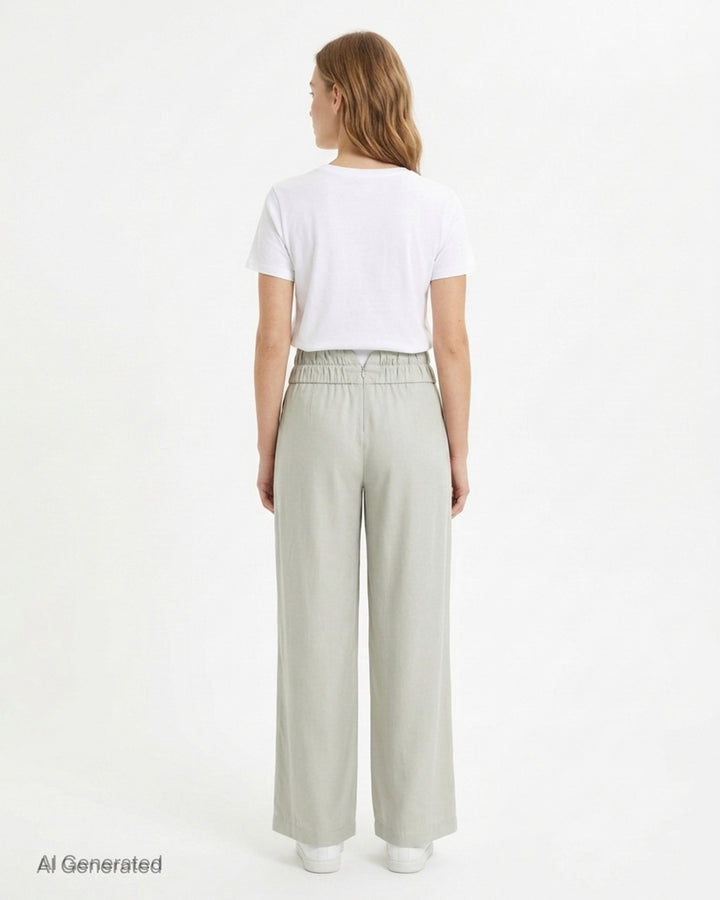 Pauline Dujancourt Georgina pleated wide-leg trousers in sage cupro with a double ruched high waistband, shown from the front - back