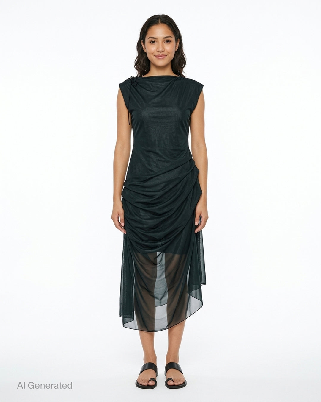 Pauline Dujancourt Najia sleeveless dress in dark green tricot jersey with sheer ruched mesh overlay and asymmetric hem - front