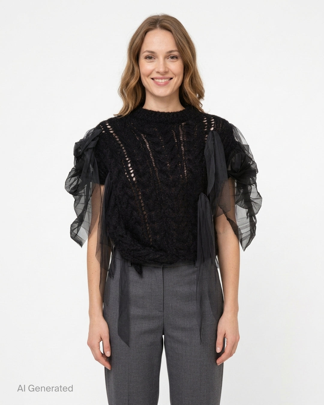 Pauline Dujancourt Francisca black hand-knit vest with open-work cables and gathered sheer tulle and organza sleeves with trailing ribbons - front