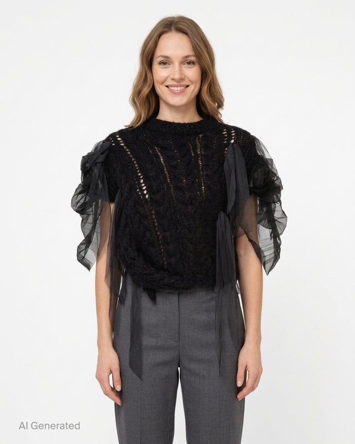 Pauline Dujancourt Francisca black hand-knit vest with open-work cables and gathered sheer tulle and organza sleeves with trailing ribbons - front