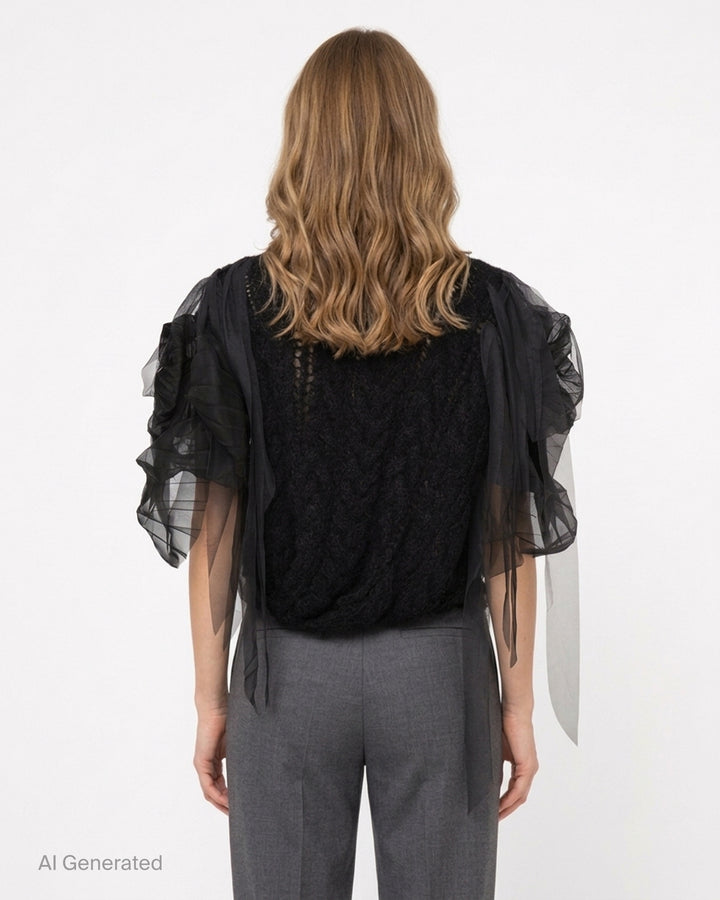 Pauline Dujancourt Francisca black hand-knit vest with open-work cables and gathered sheer tulle and organza sleeves with trailing ribbons - back