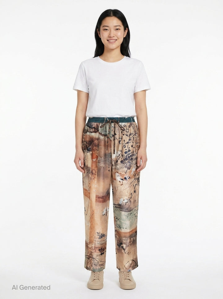 Pierre-Louis Mascia Aloe printed trousers with an artistic East Asian-inspired landscape print featuring birds, florals, and botanical motifs on warm sand and terracotta tones, with a teal elasticated drawstring waistband - front