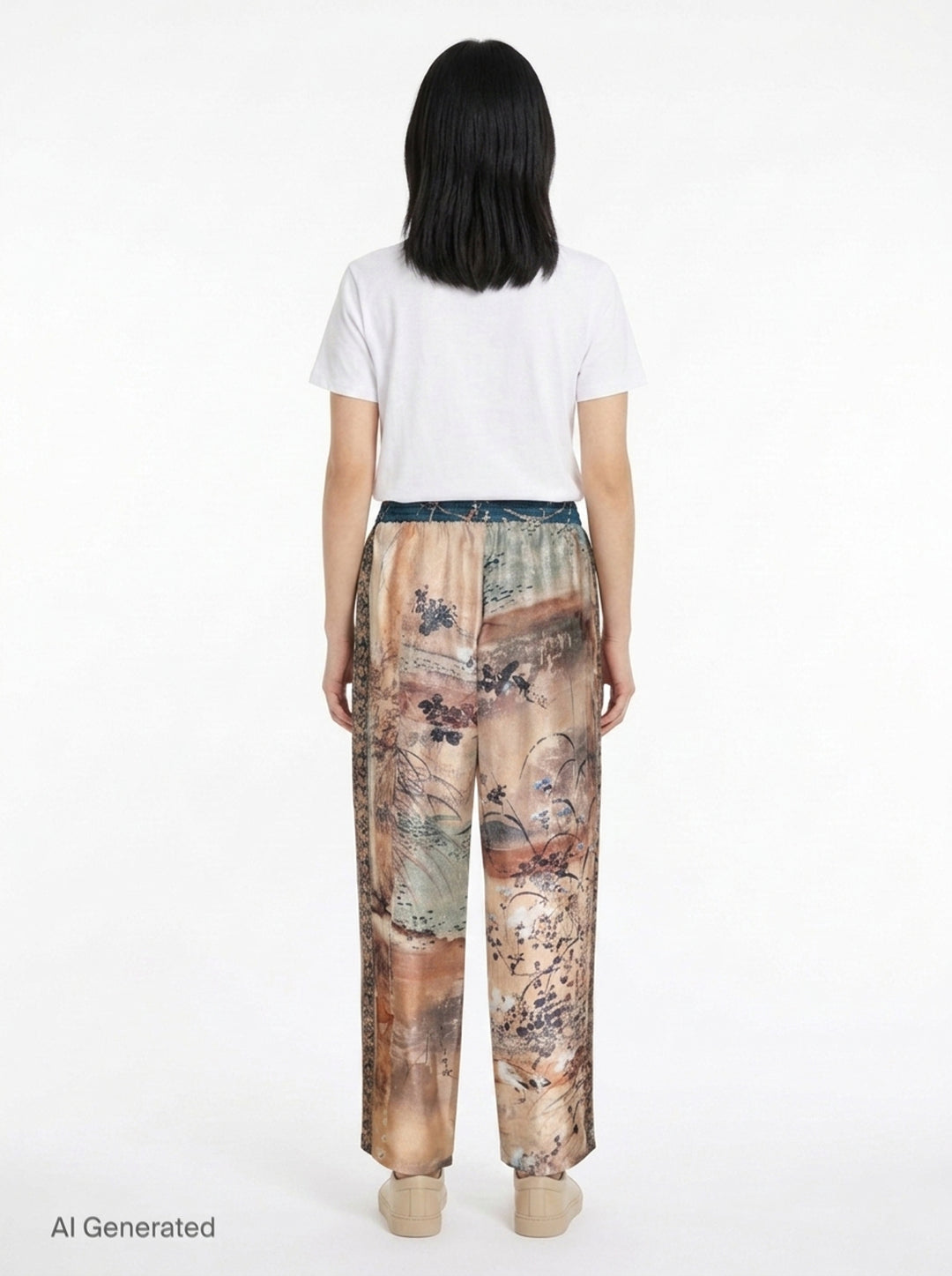 Pierre-Louis Mascia Aloe printed trousers with an artistic East Asian-inspired landscape print featuring birds, florals, and botanical motifs on warm sand and terracotta tones, with a teal elasticated drawstring waistband - back