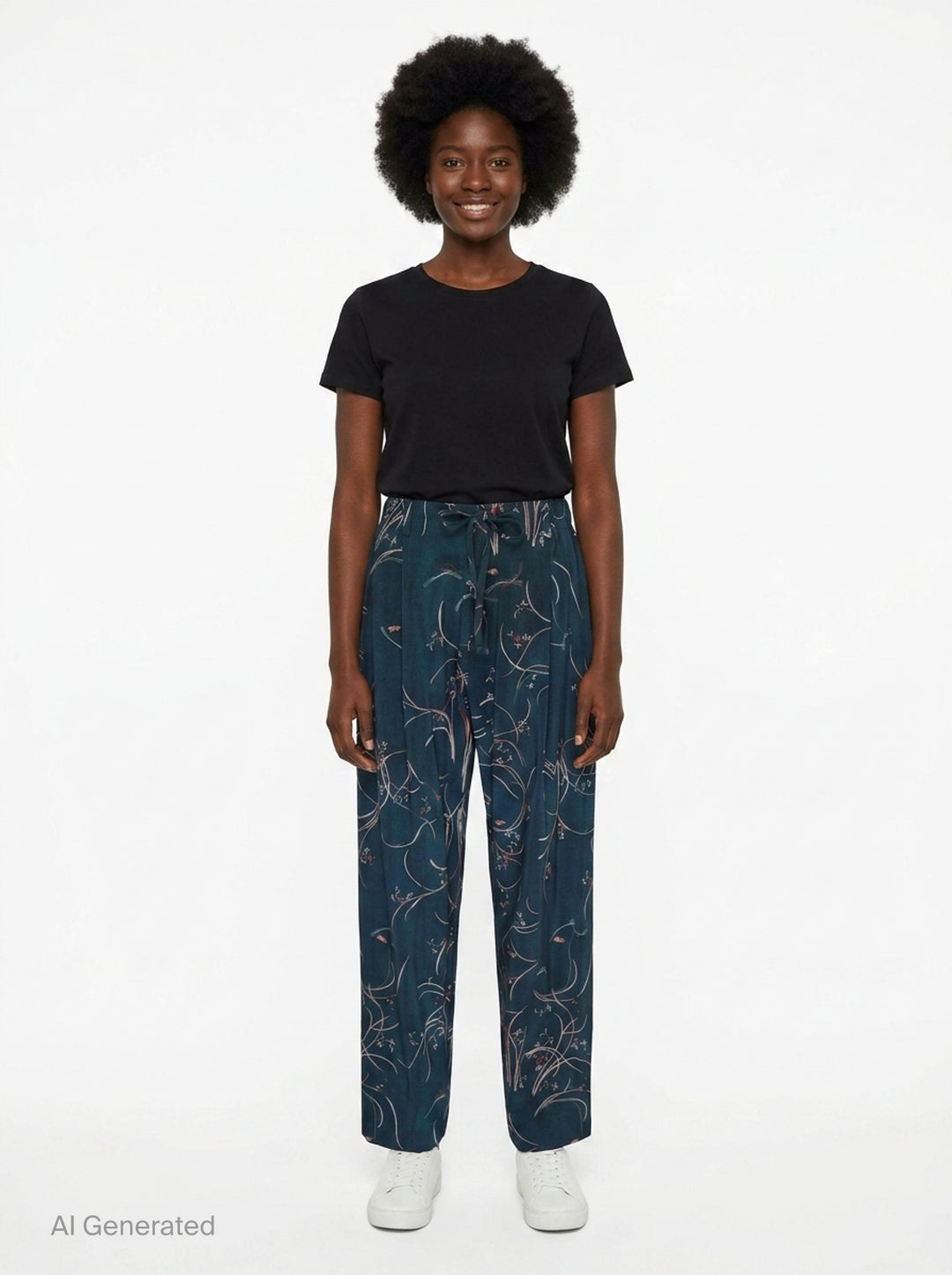 Pierre-Louis Mascia Dylan trousers in deep teal with an all-over swirling botanical print in blush and coral tones, featuring a drawstring waistband and front pleats - front