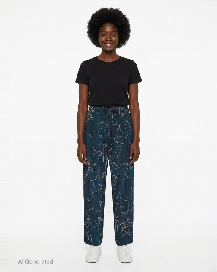Pierre-Louis Mascia Dylan trousers in deep teal with an all-over swirling botanical print in blush and coral tones, featuring a drawstring waistband and front pleats - front