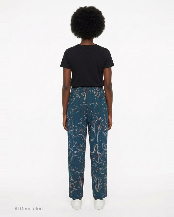 Pierre-Louis Mascia Dylan trousers in deep teal with an all-over swirling botanical print in blush and coral tones, featuring a drawstring waistband and front pleats - back