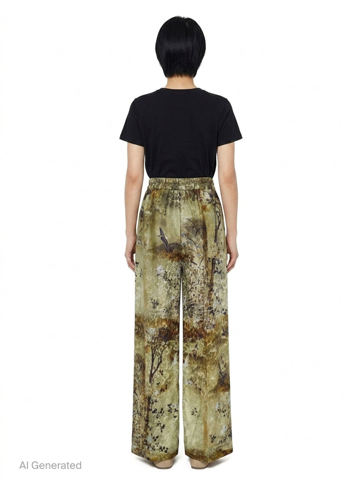 Pierre-Louis Mascia wide-leg trousers in an olive and earth-toned botanical landscape print, featuring a high-rise waistband, front pleats, and a pointed hem - back
