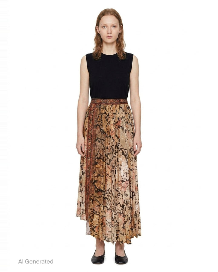 Pierre-Louis Mascia floral tapestry print pleated midi skirt with asymmetric hem in earthy ochre, charcoal, and dusty rose tones - front
