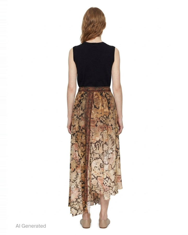 Pierre-Louis Mascia floral tapestry print pleated midi skirt with asymmetric hem in earthy ochre, charcoal, and dusty rose tones - back