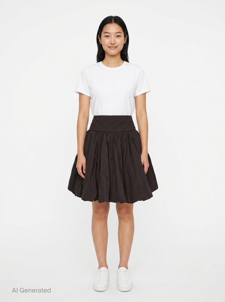 pushBUTTON black balloon volume mini skirt with wide structured waistband and dramatically gathered crinkle-textured fabric tapering at the hem - front