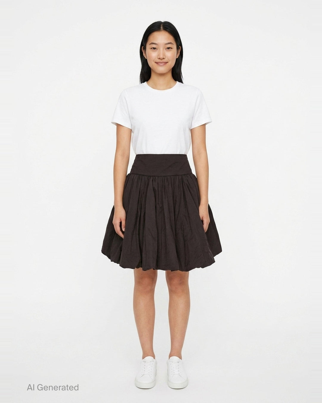 pushBUTTON black balloon volume mini skirt with wide structured waistband and dramatically gathered crinkle-textured fabric tapering at the hem - front
