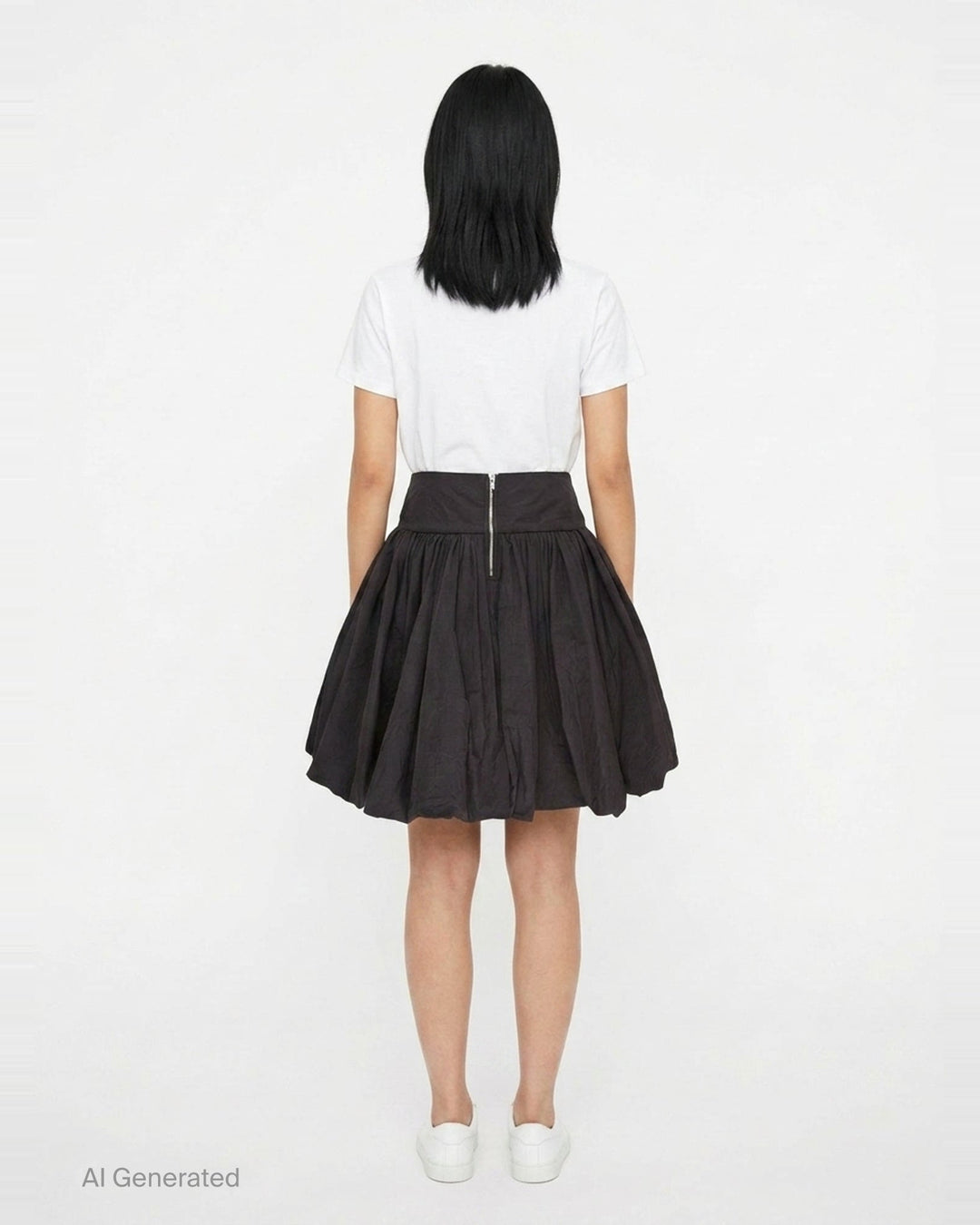 pushBUTTON black balloon volume mini skirt with wide structured waistband and dramatically gathered crinkle-textured fabric tapering at the hem - back