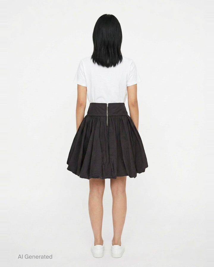 pushBUTTON black balloon volume mini skirt with wide structured waistband and dramatically gathered crinkle-textured fabric tapering at the hem - back