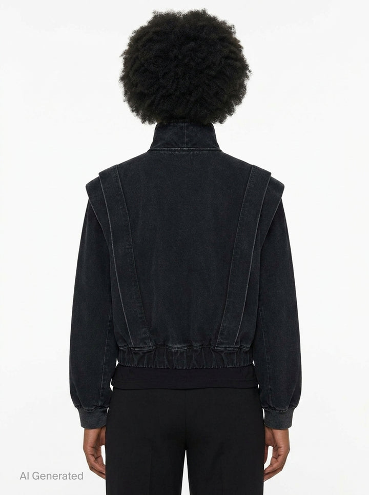 pushBUTTON Black Vintage Wash High-Neck Jacket — cropped black denim bomber with asymmetric crossover collar, padded shoulders, tonal seam panelling, and ribbed elasticated hem and cuffs - back