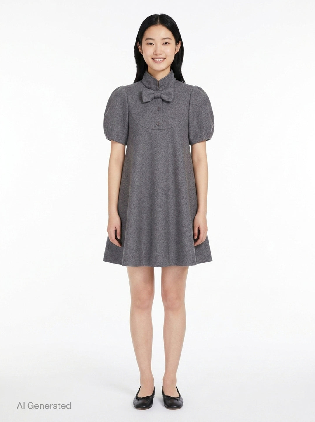 pushBUTTON gray heathered wool-blend mini dress with oversized bow collar, curved chest yoke, button placket, and puff sleeves in a flared A-line silhouette - front